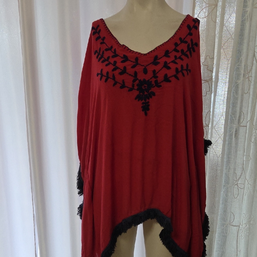 Red Poncho with Black Embroidery Os Size [1454]